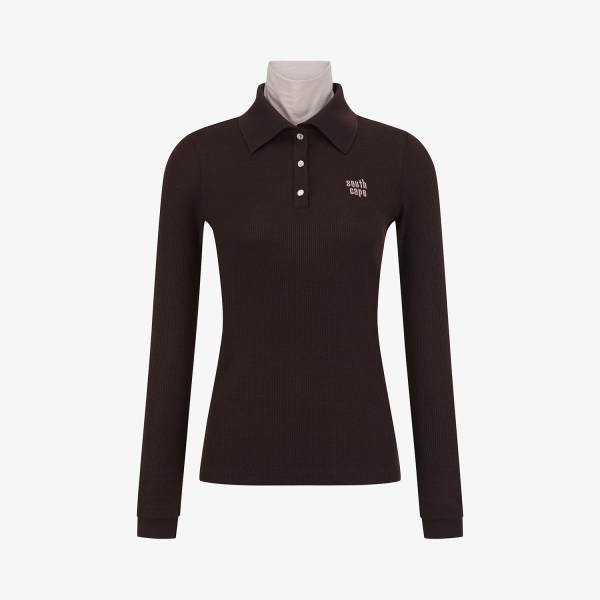 사우스케이프 여성 레이어드 울 카라 골지 티셔츠_브라운