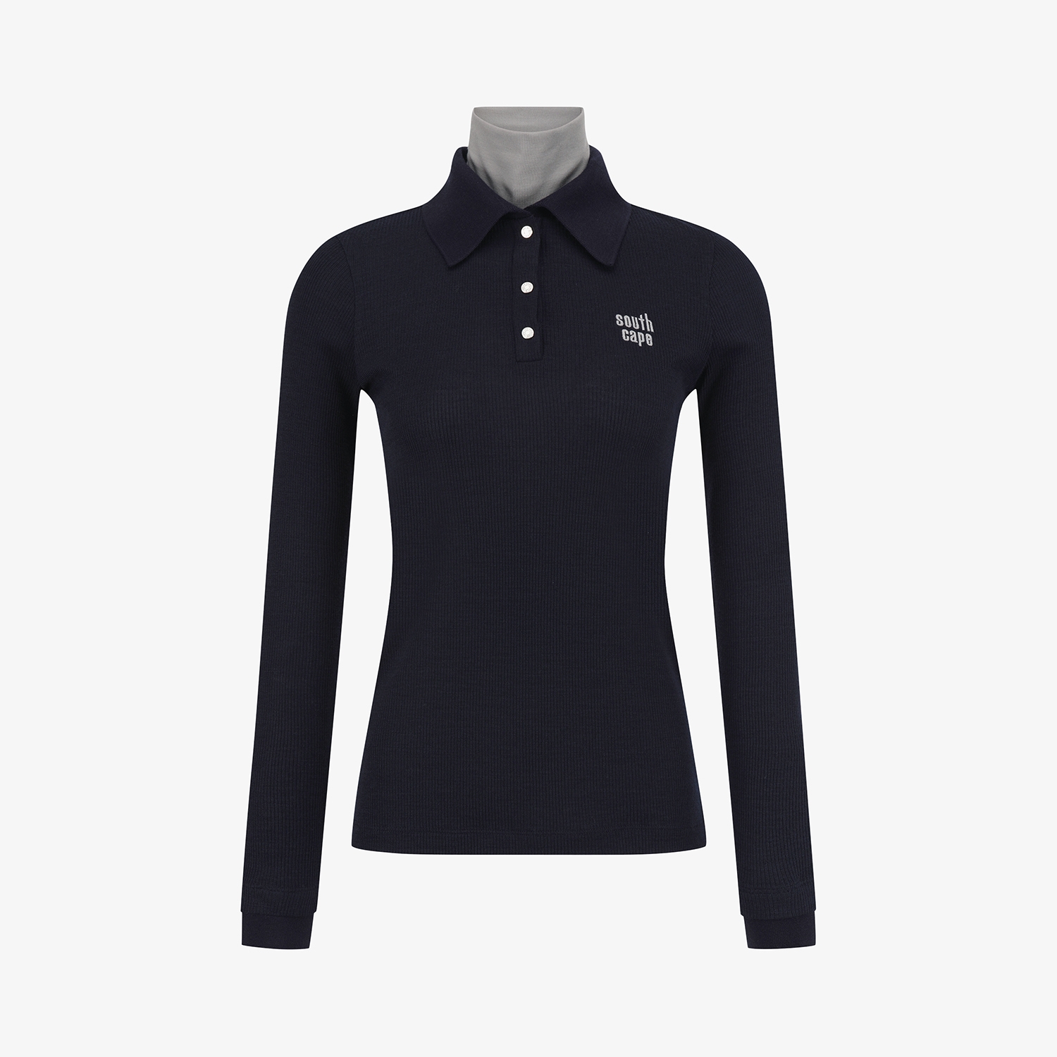 사우스케이프 여성 레이어드 울 카라 골지 티셔츠_네이비