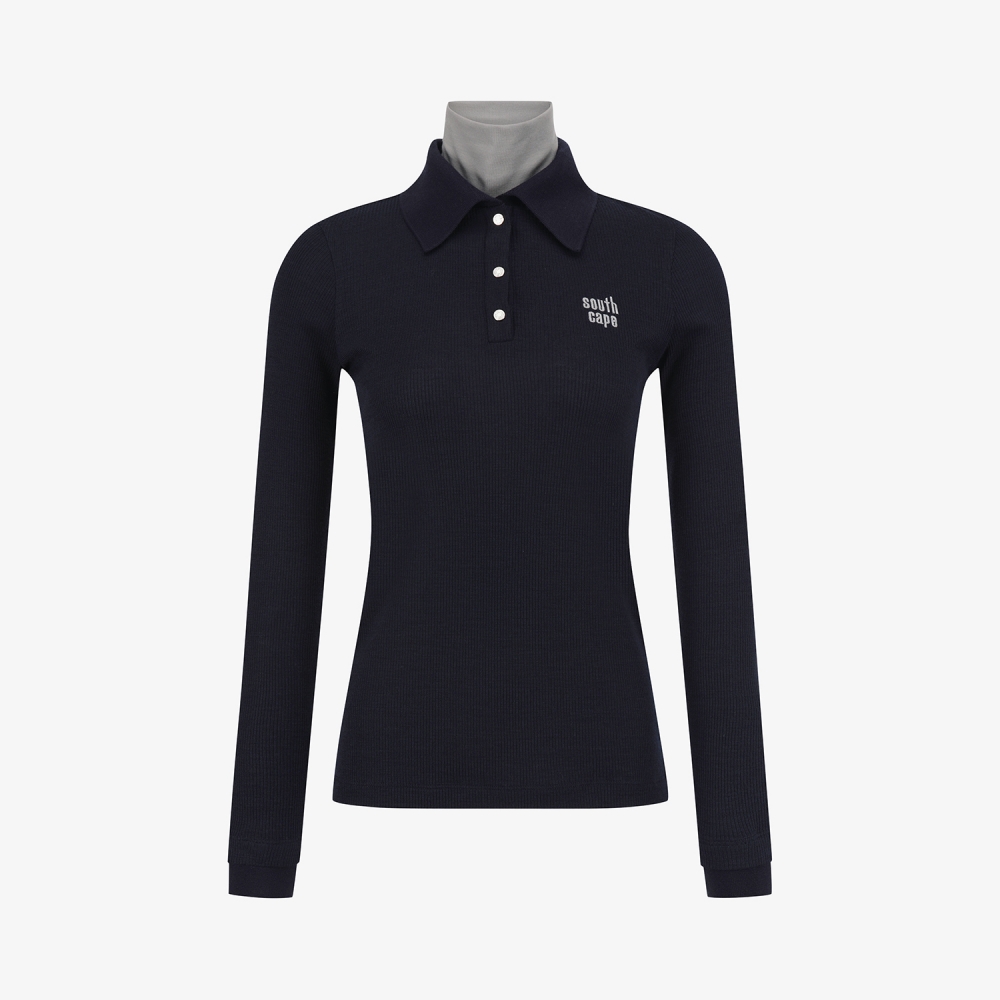 사우스케이프 여성 레이어드 울 카라 골지 티셔츠_네이비