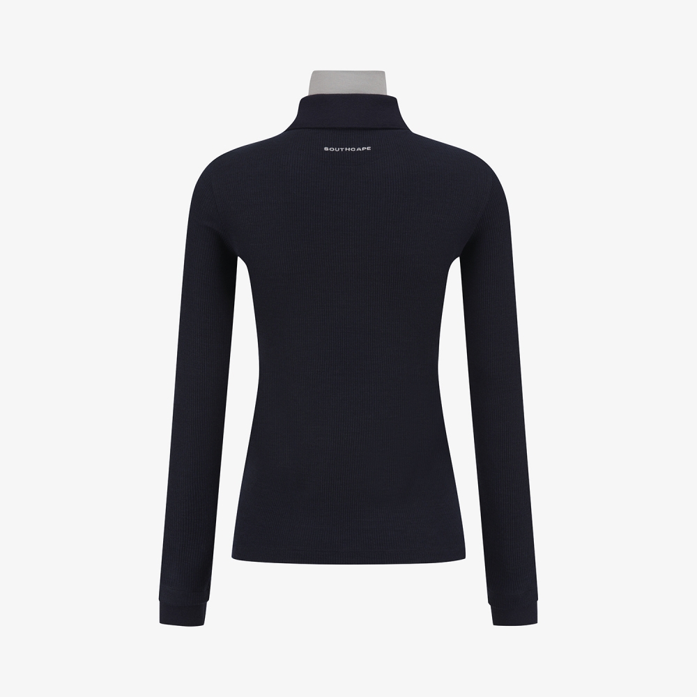 사우스케이프 여성 레이어드 울 카라 골지 티셔츠_네이비