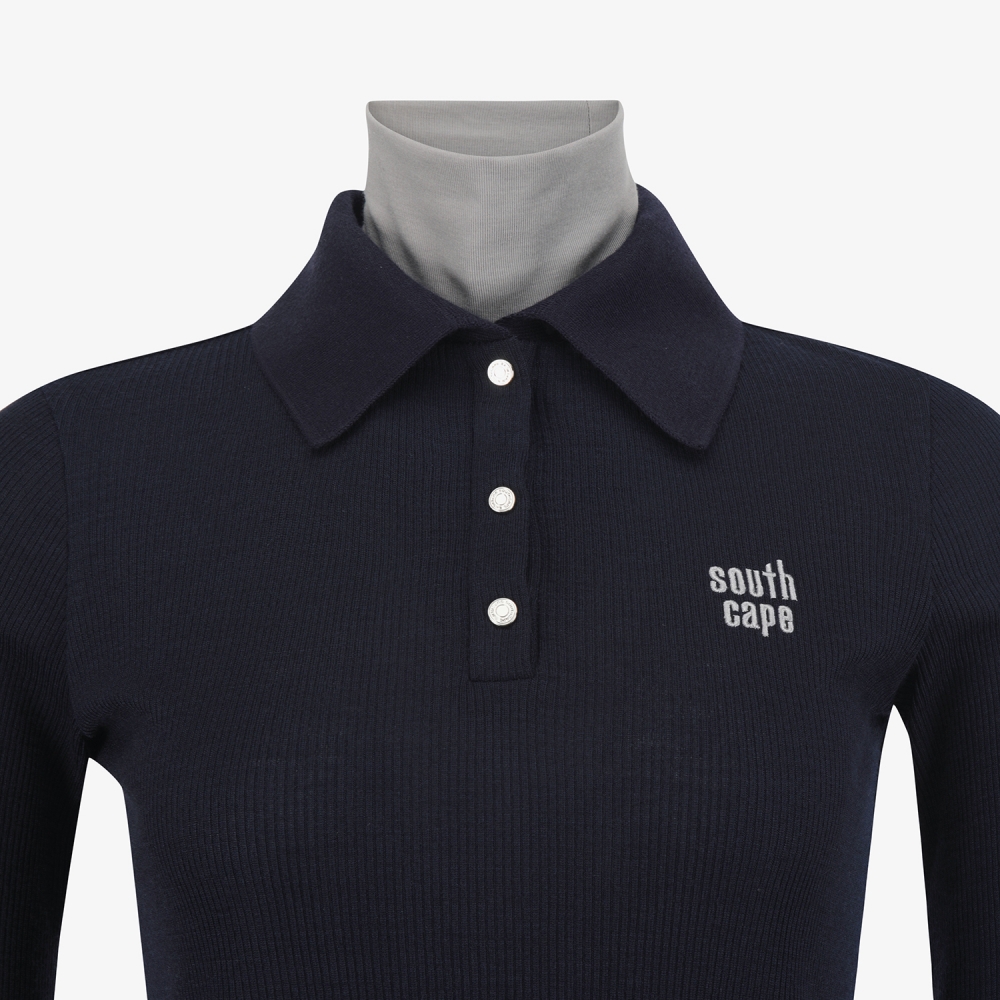 사우스케이프 여성 레이어드 울 카라 골지 티셔츠_네이비