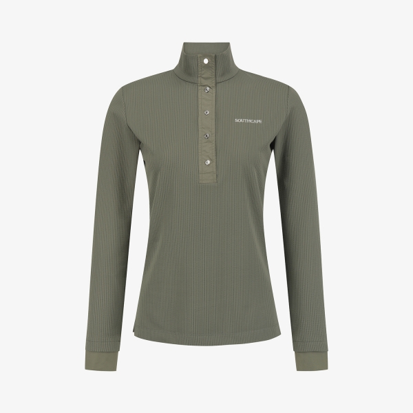 사우스케이프 여성 하이넥 골지 슬림 버튼 티셔츠_카키