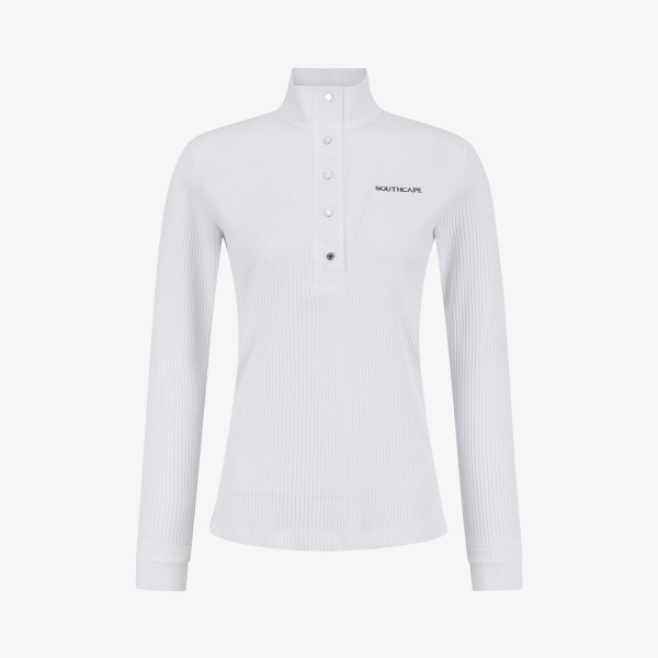 사우스케이프 여성 하이넥 골지 슬림 버튼 티셔츠_화이트