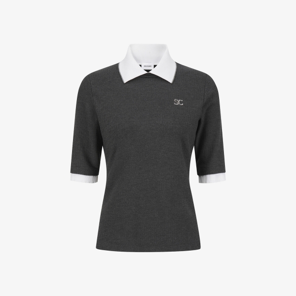 사우스케이프 여성 소프트 터치 골지 카라 티셔츠_차콜 그레이