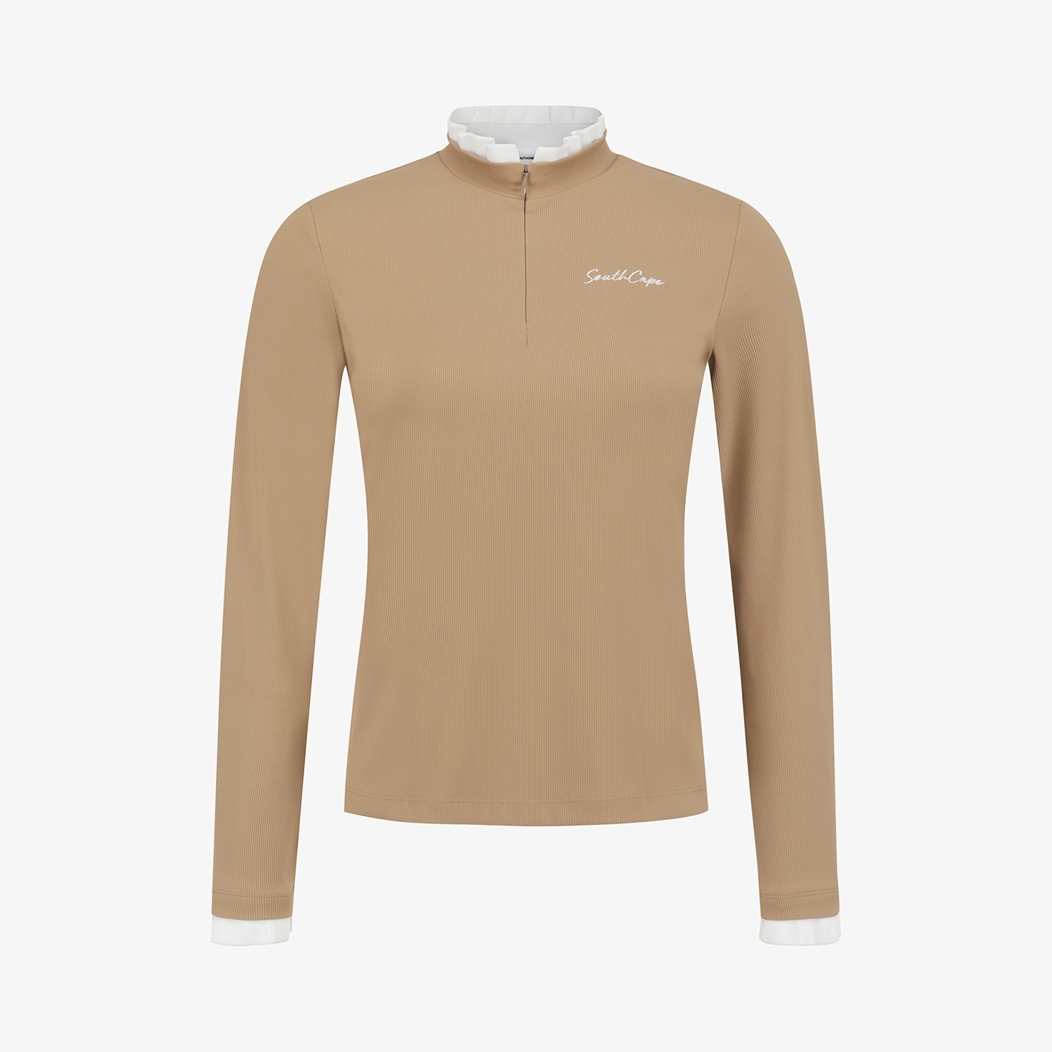 사우스케이프 여성 골지 프릴 하프집 티셔츠_베이지