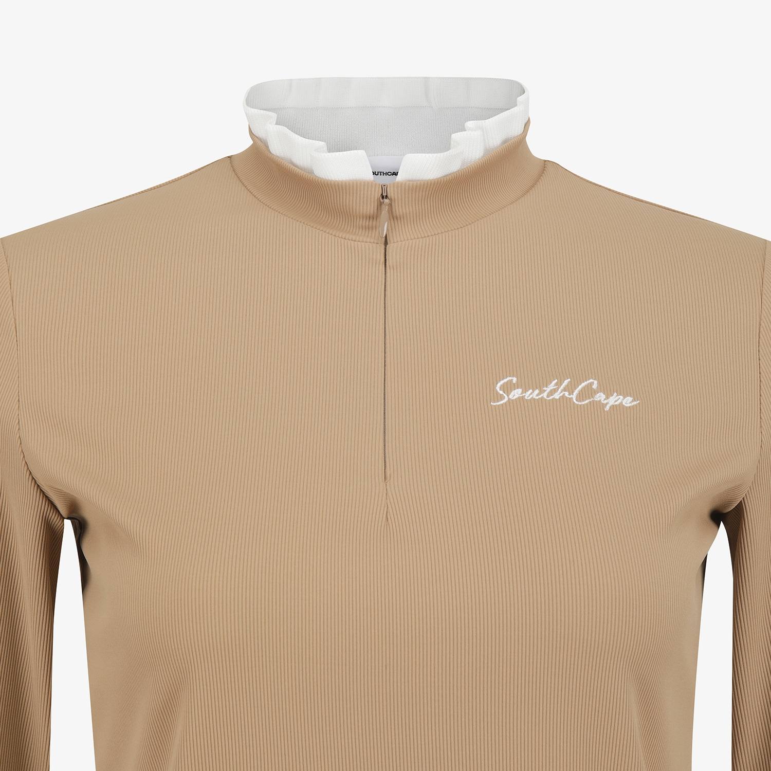 사우스케이프 여성 골지 프릴 하프집 티셔츠_베이지