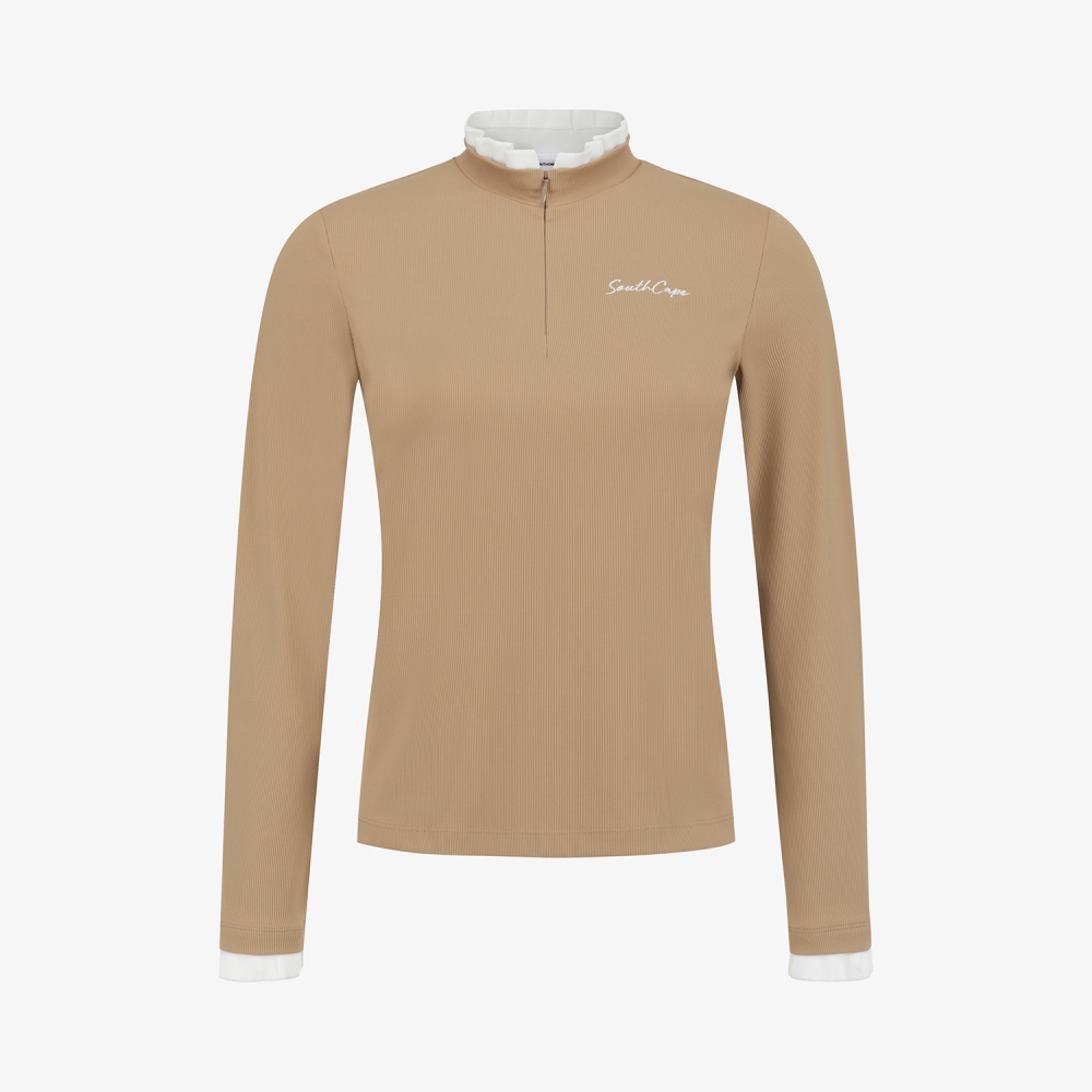 사우스케이프 여성 골지 프릴 하프집 티셔츠_베이지