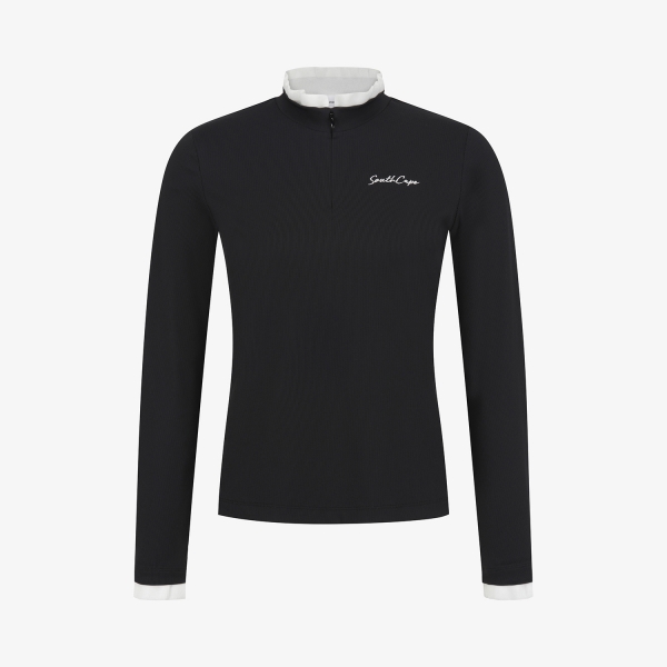 사우스케이프 여성 골지 프릴 하프집 티셔츠_블랙