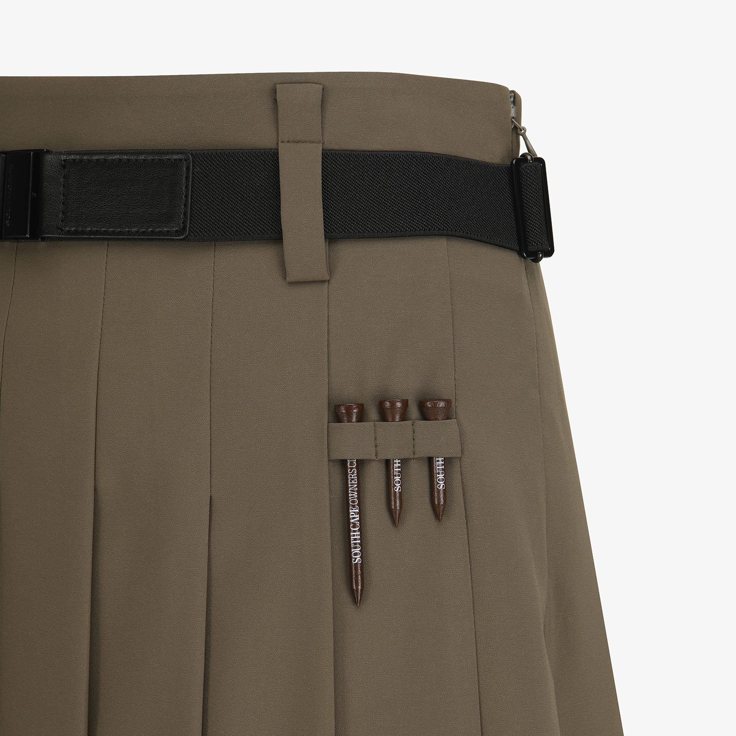 사우스케이프 여성 벨티드 플리츠 미디 스커트_다크 카키