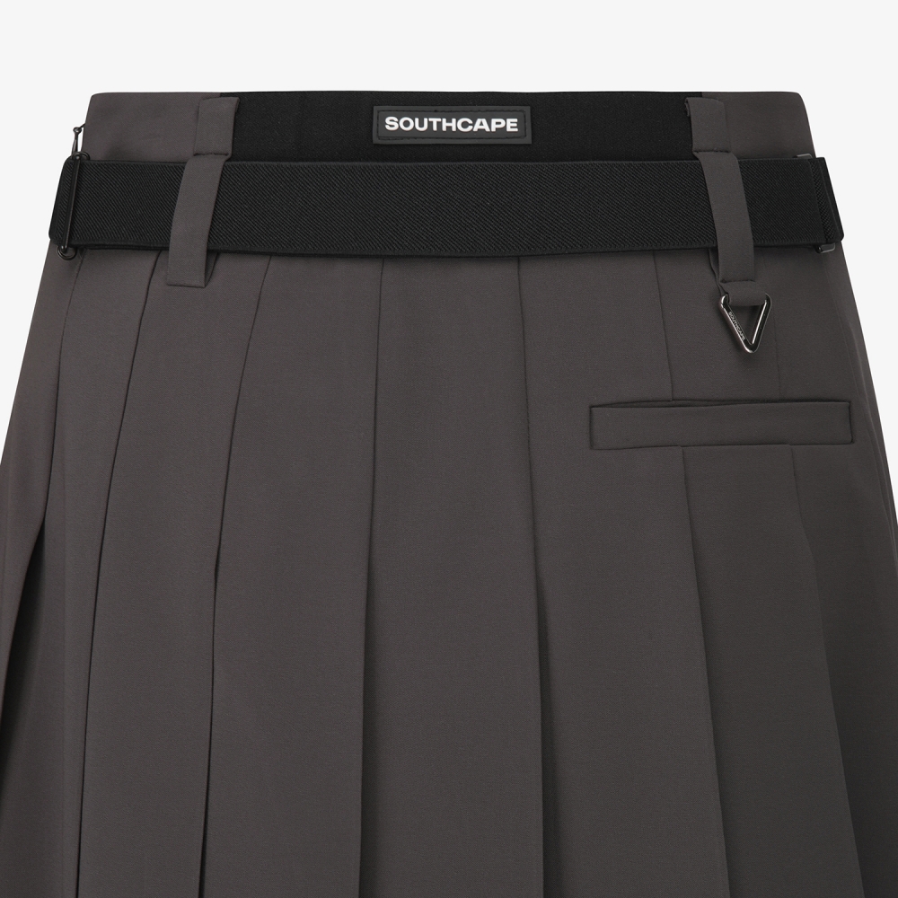 사우스케이프 여성 벨티드 플리츠 미디 스커트_다크 브라운