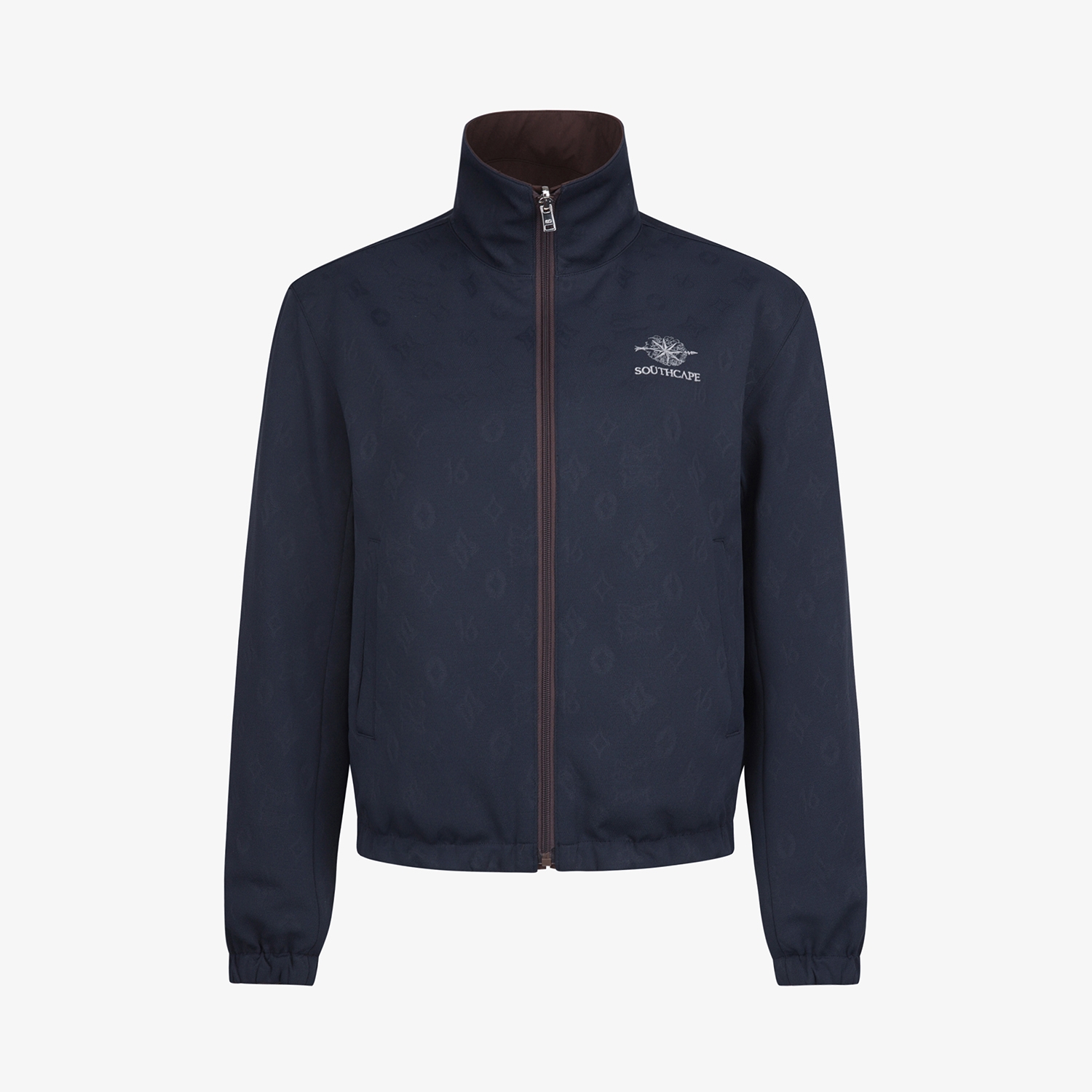 사우스케이프 여성 모노그램 패턴 자카드 리버시블 하이넥 점퍼_브라운