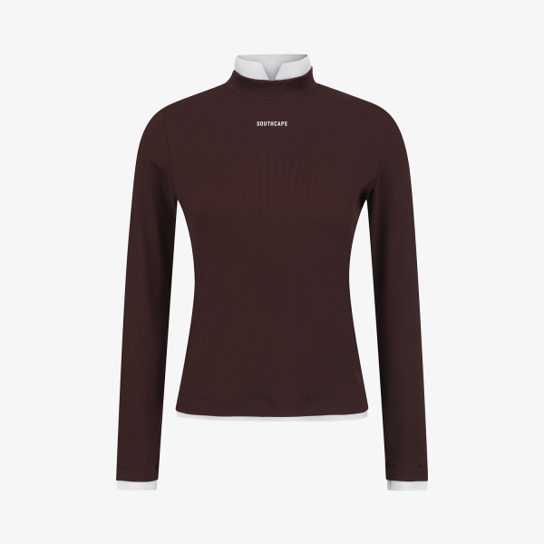 사우스케이프 여성 골지 배색 카라 티셔츠_브라운