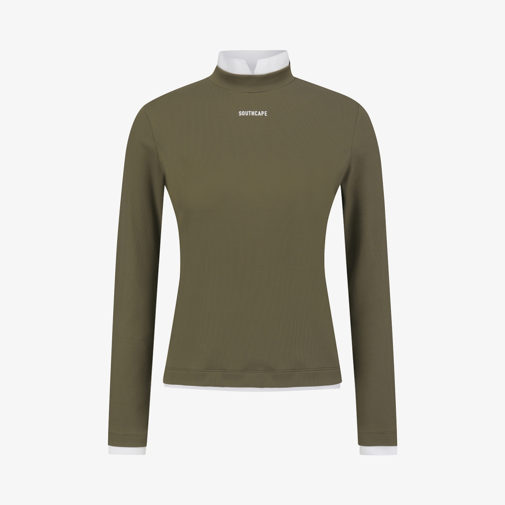 사우스케이프 여성 골지 배색 카라 티셔츠_카키