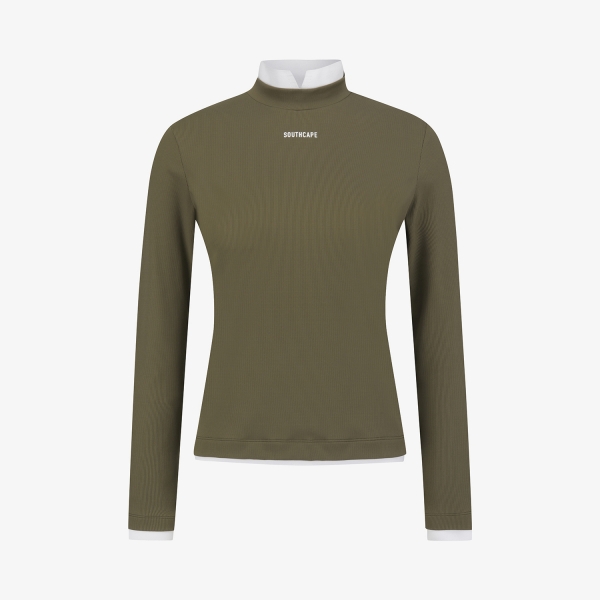 사우스케이프 여성 골지 배색 카라 티셔츠_카키