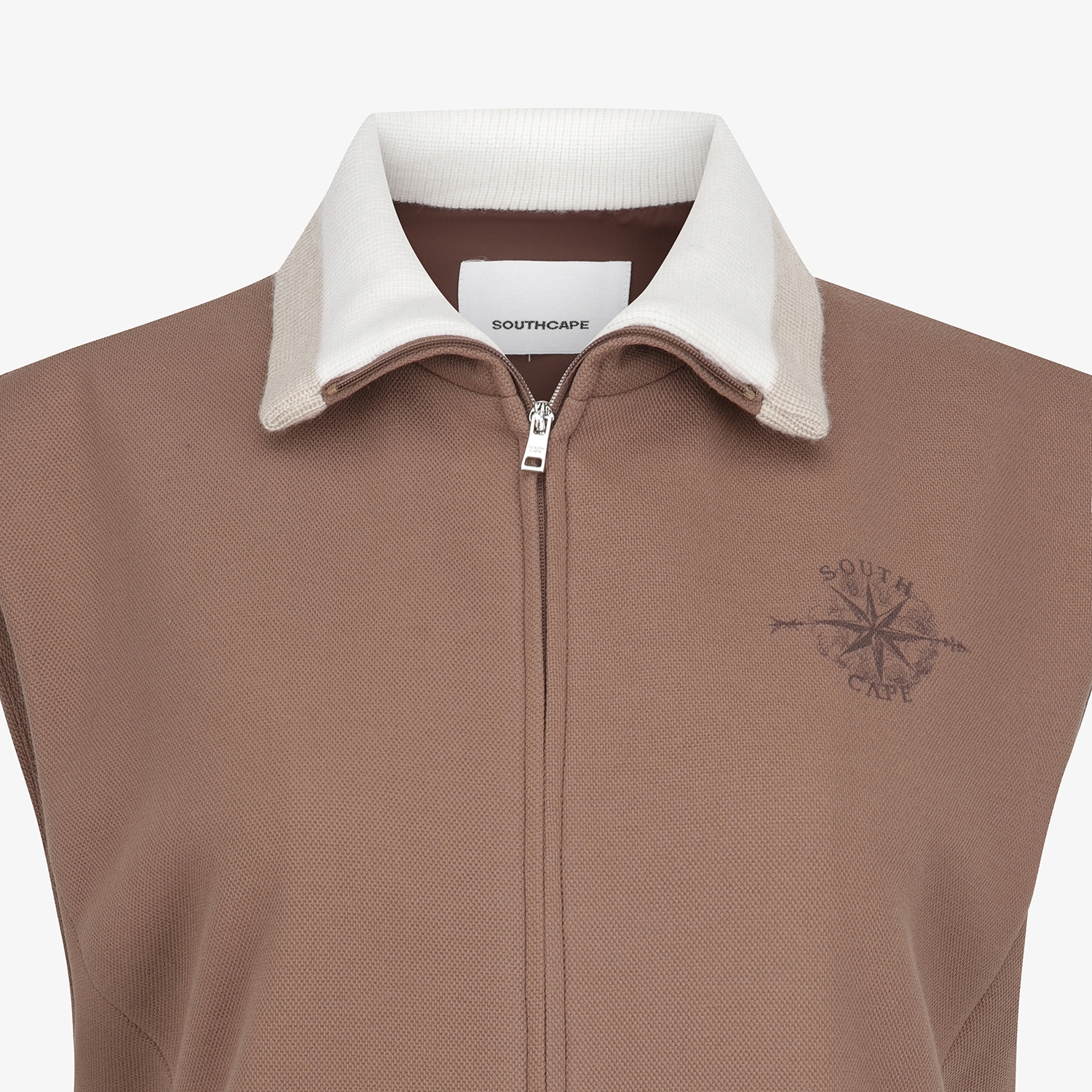 여성 사우스크로스 배색 카라 저지 베스트_브라운