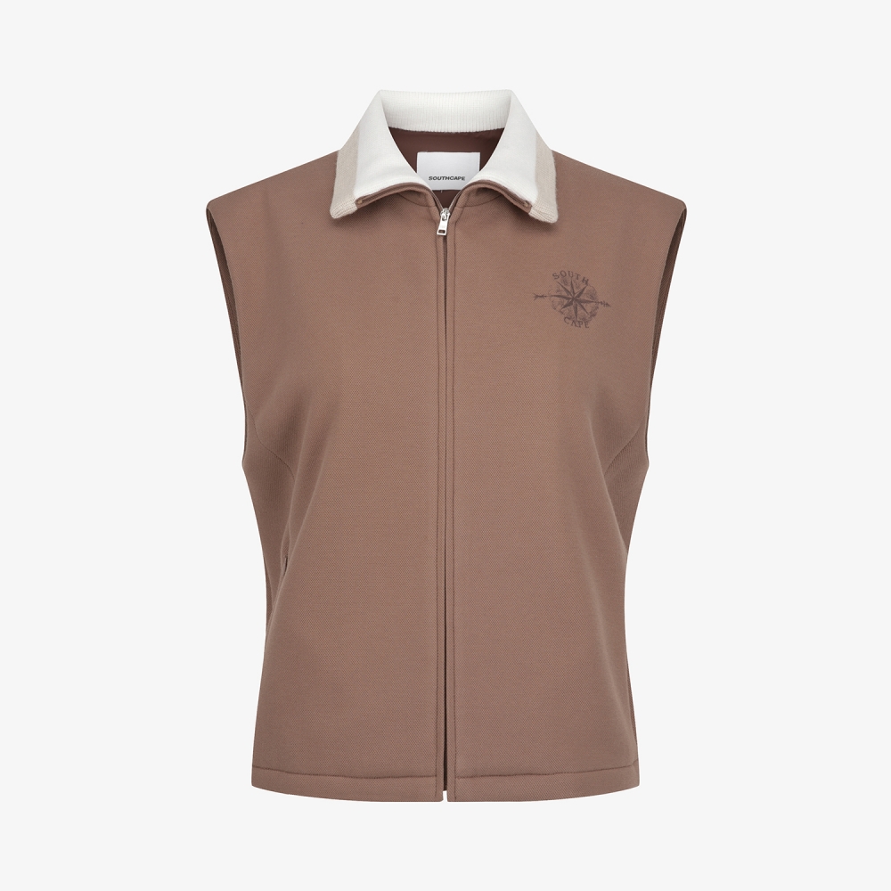 여성 사우스크로스 배색 카라 저지 베스트_브라운