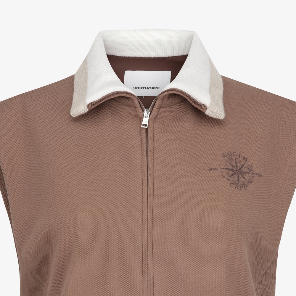 여성 사우스크로스 배색 카라 저지 베스트_브라운