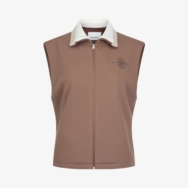 여성 사우스크로스 배색 카라 저지 베스트_브라운