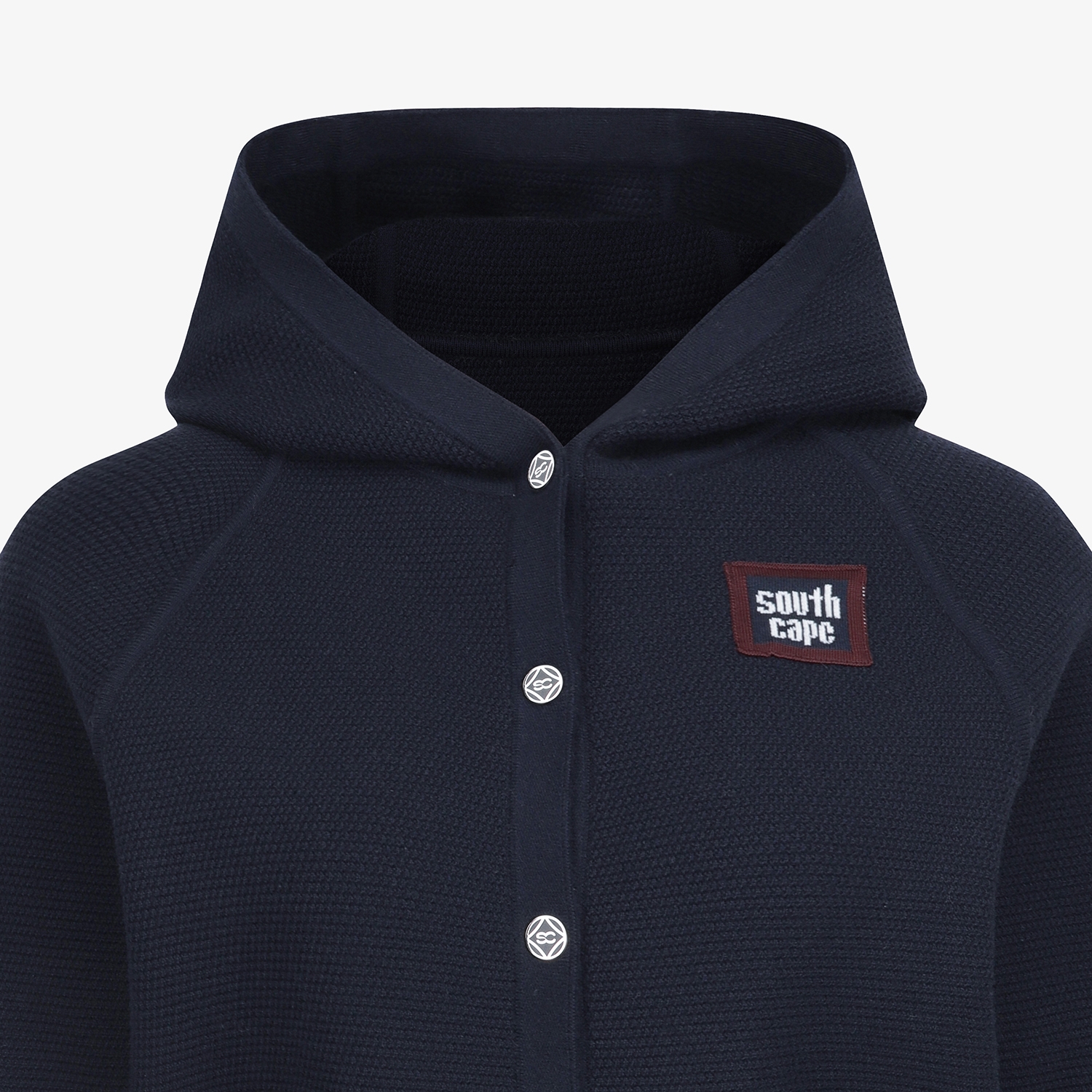 사우스케이프 여성 배색 로고 후드 니트 가디건_네이비