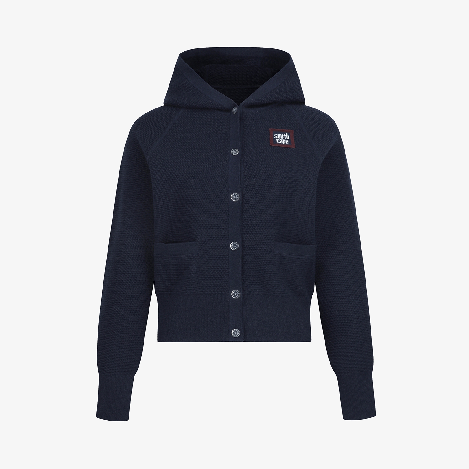 사우스케이프 여성 배색 로고 후드 니트 가디건_네이비