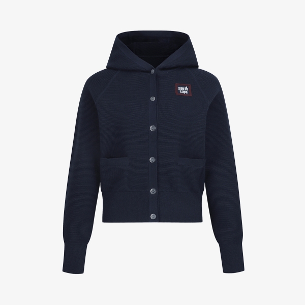 사우스케이프 여성 배색 로고 후드 니트 가디건_네이비