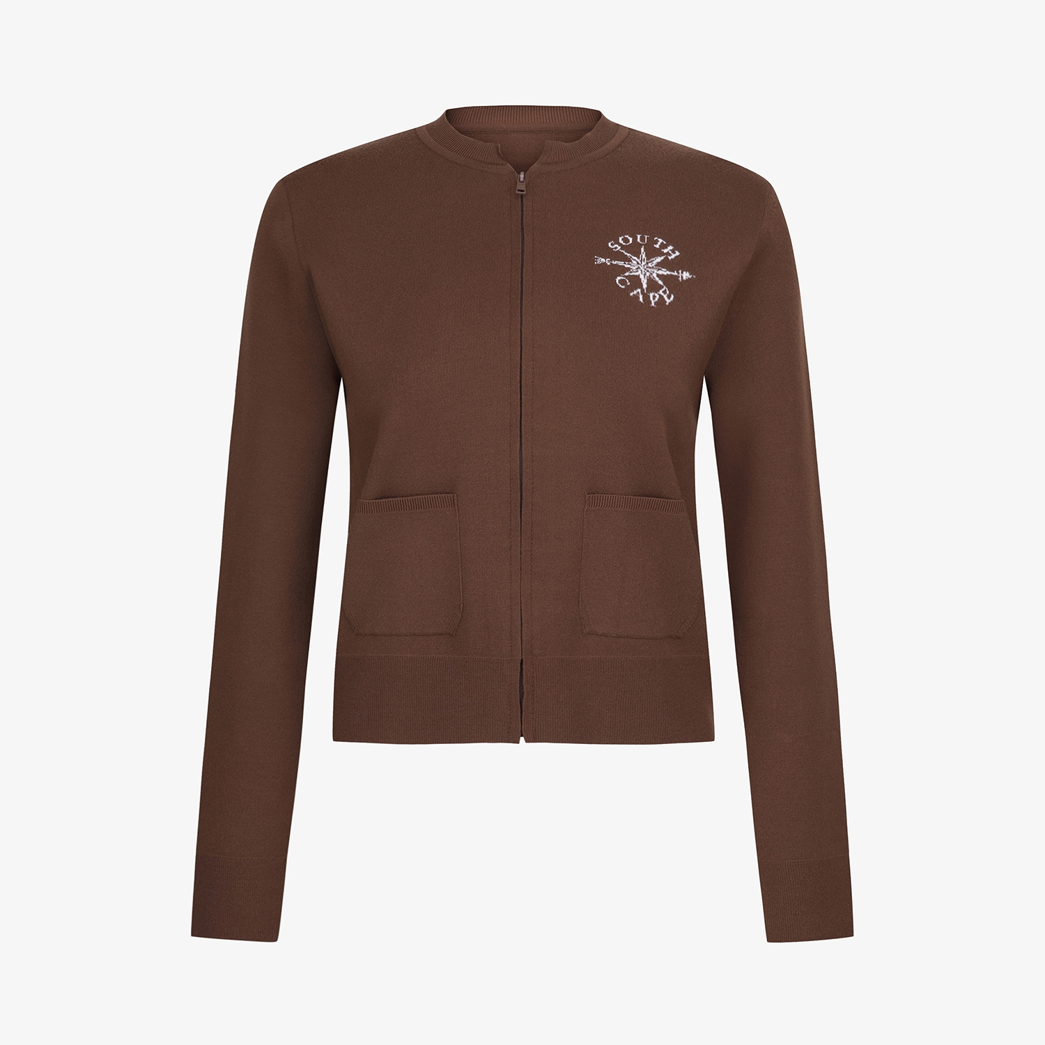 여성 사우스크로스 니트 하프넥 집업 가디건_브라운