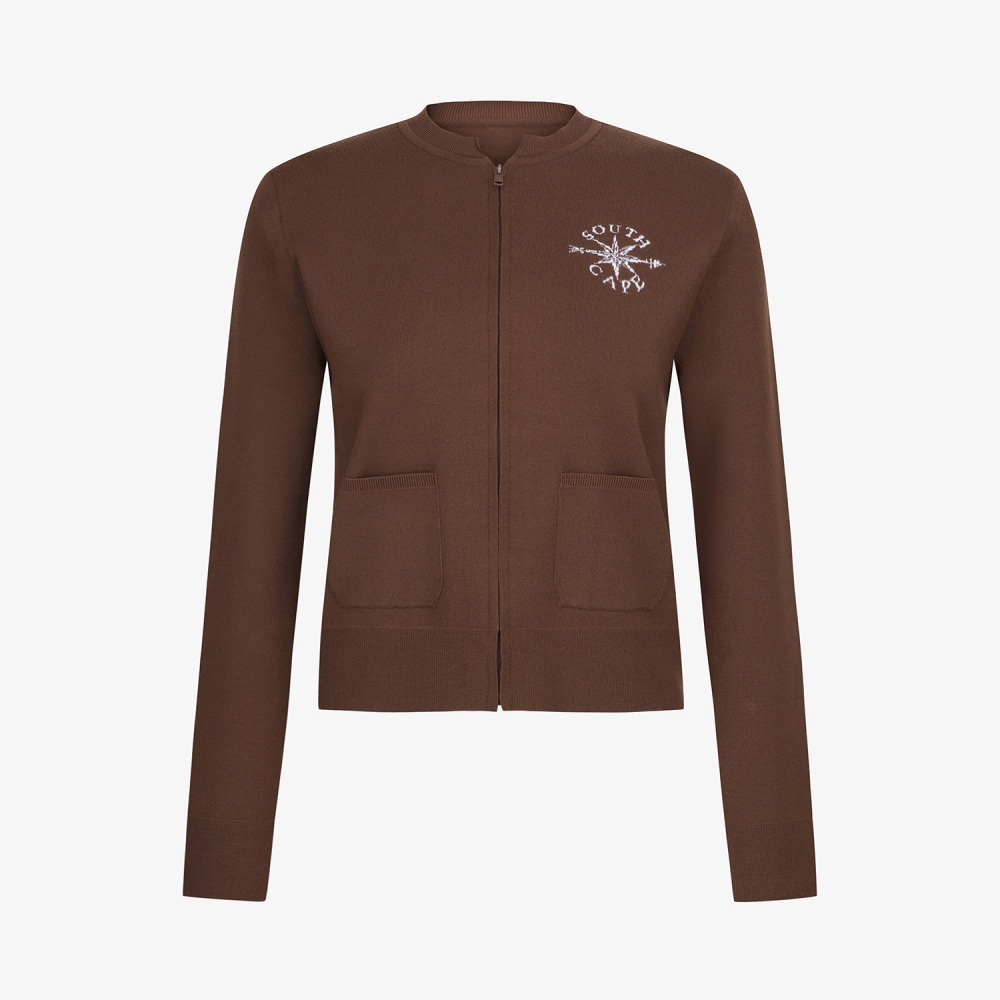 여성 사우스크로스 니트 하프넥 집업 가디건_브라운