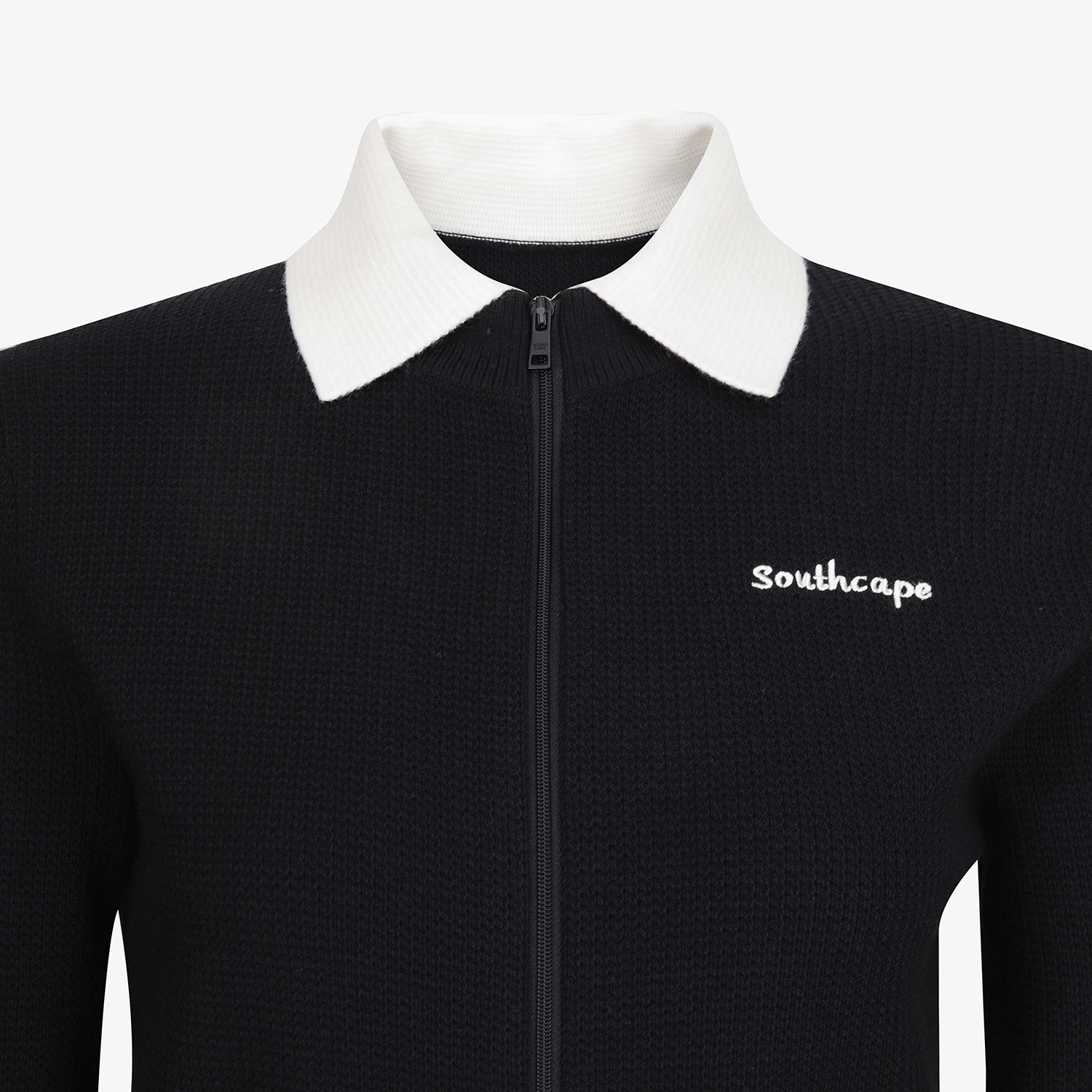 여성 사우스크로스 배색 카라 니트 집업 가디건_블랙