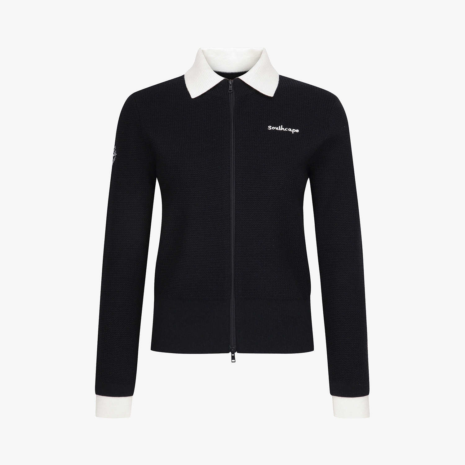 여성 사우스크로스 배색 카라 니트 집업 가디건_블랙