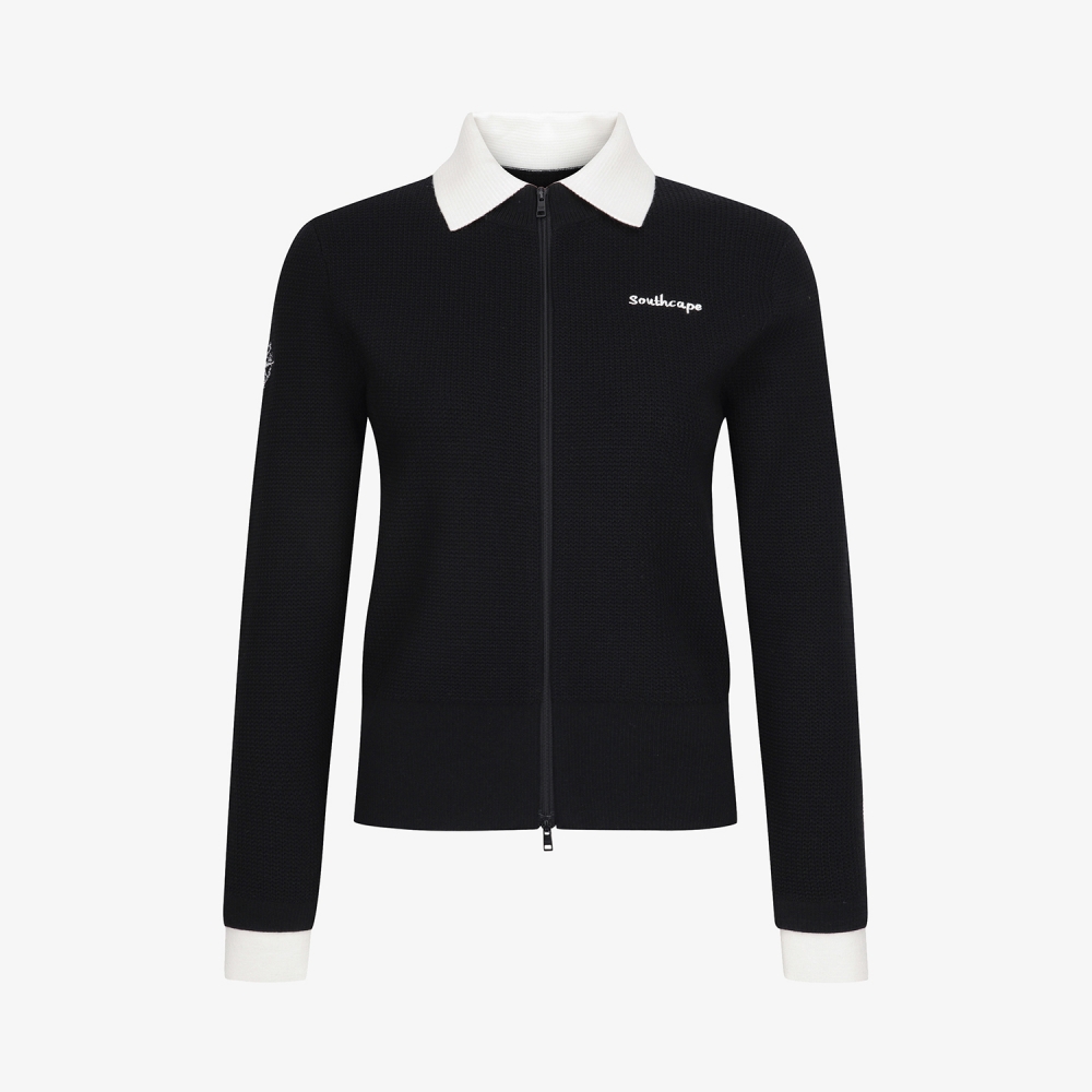 여성 사우스크로스 배색 카라 니트 집업 가디건_블랙