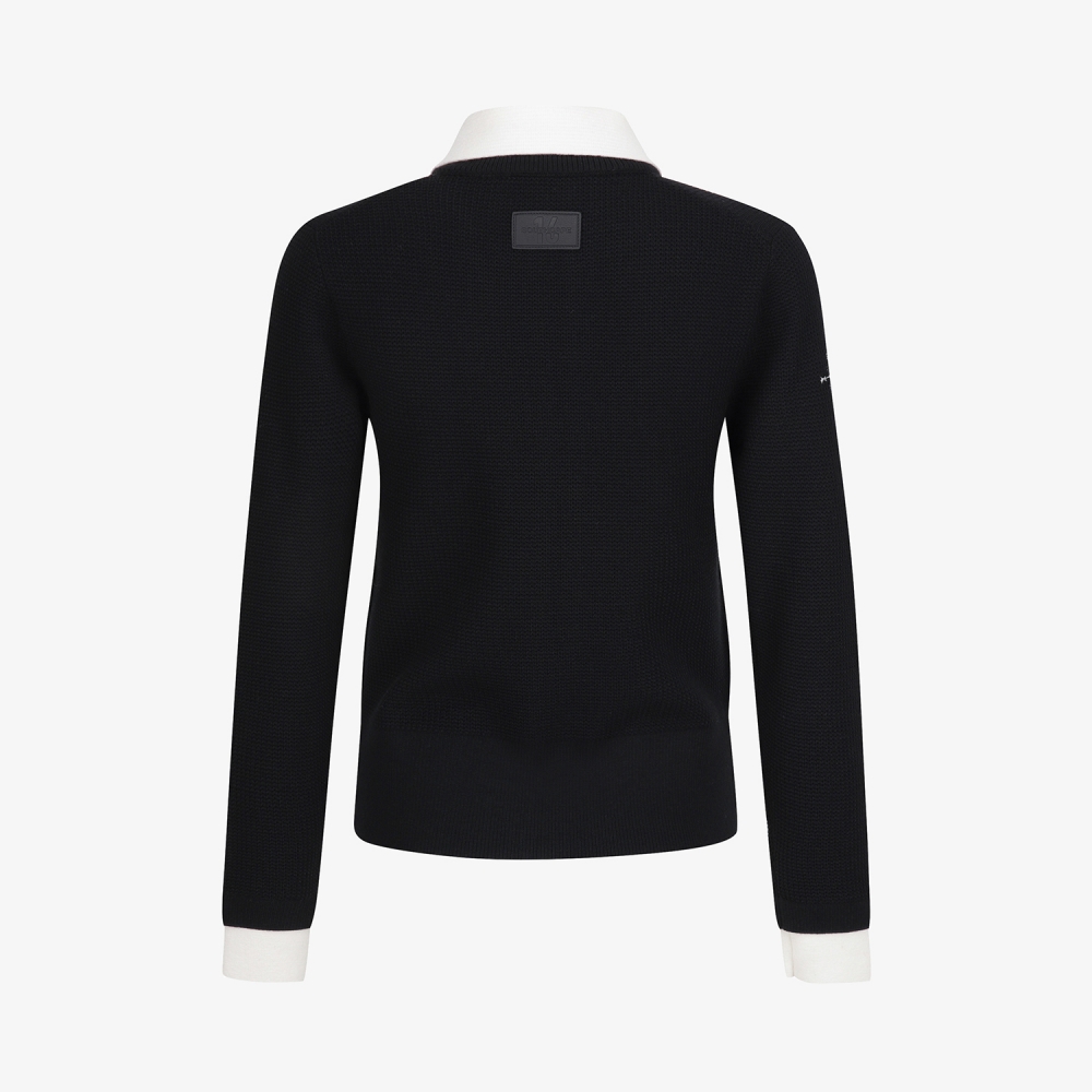 여성 사우스크로스 배색 카라 니트 집업 가디건_블랙