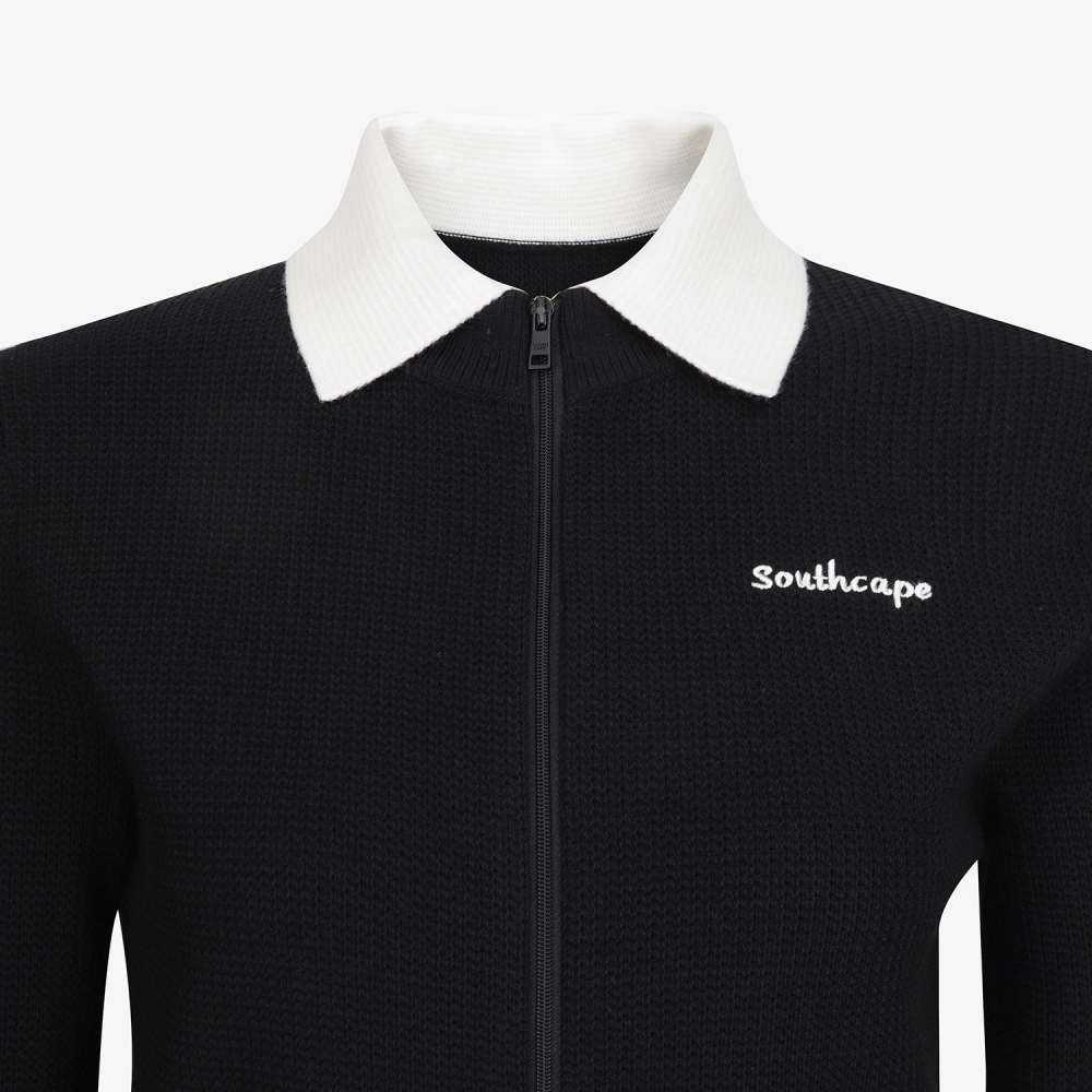 여성 사우스크로스 배색 카라 니트 집업 가디건_블랙