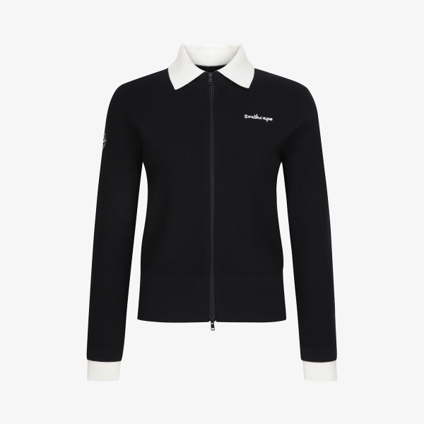 여성 사우스크로스 배색 카라 니트 집업 가디건_블랙