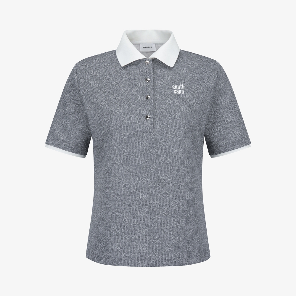 사우스케이프 여성 모노그램 패턴 자카드 카라 티셔츠_차콜 그레이