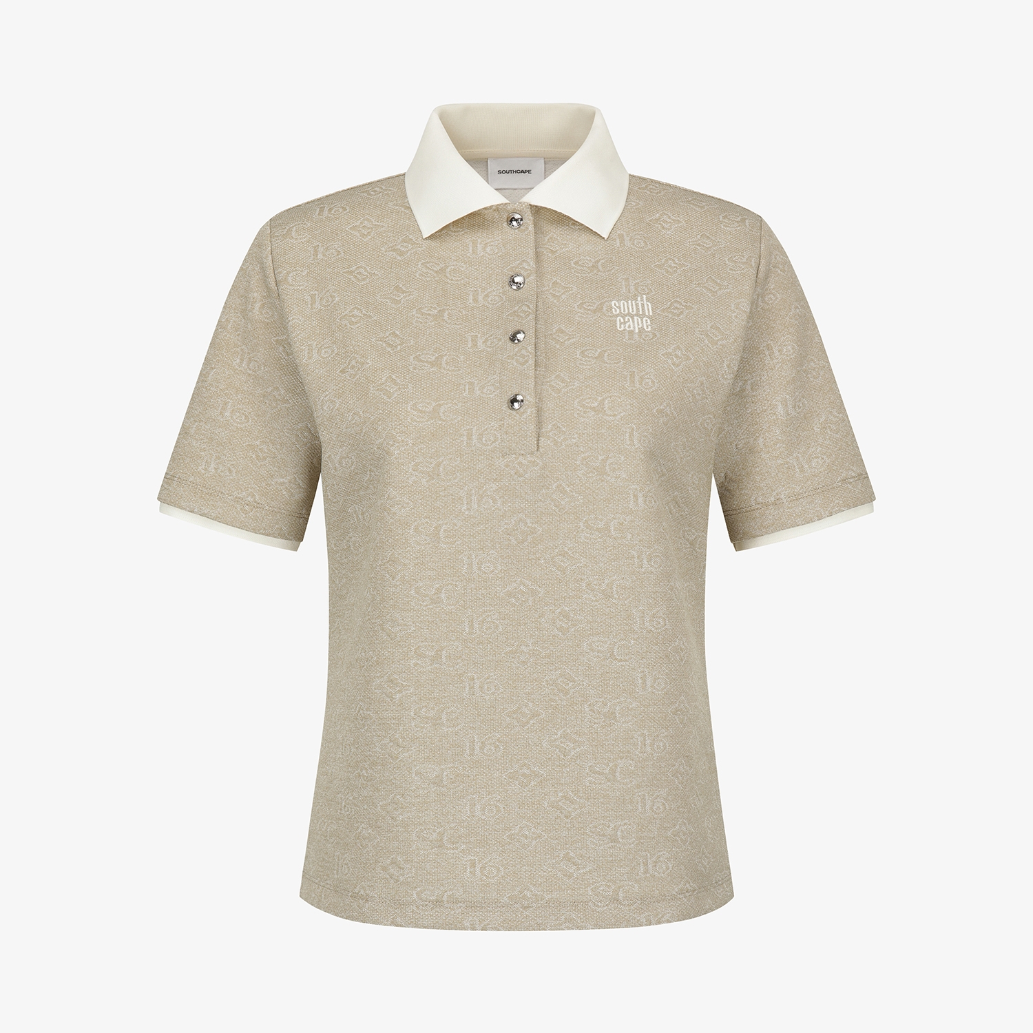 사우스케이프 여성 모노그램 패턴 자카드 카라 티셔츠_카키 베이지