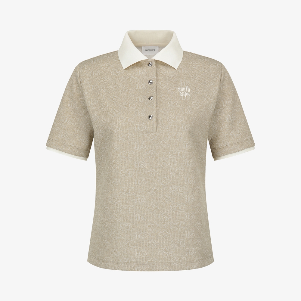 사우스케이프 여성 모노그램 패턴 자카드 카라 티셔츠_카키 베이지