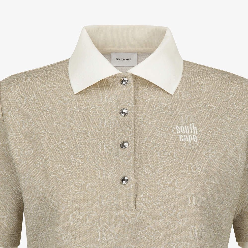 사우스케이프 여성 모노그램 패턴 자카드 카라 티셔츠_카키 베이지