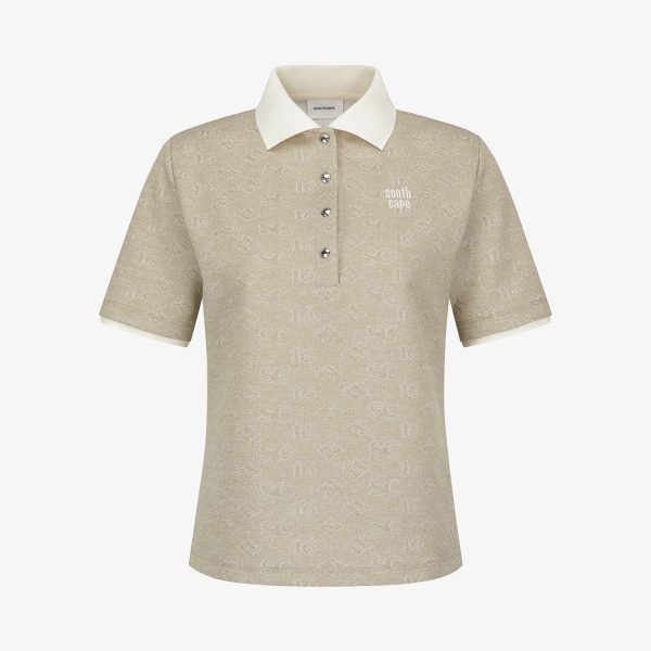 사우스케이프 여성 모노그램 패턴 자카드 카라 티셔츠_카키 베이지