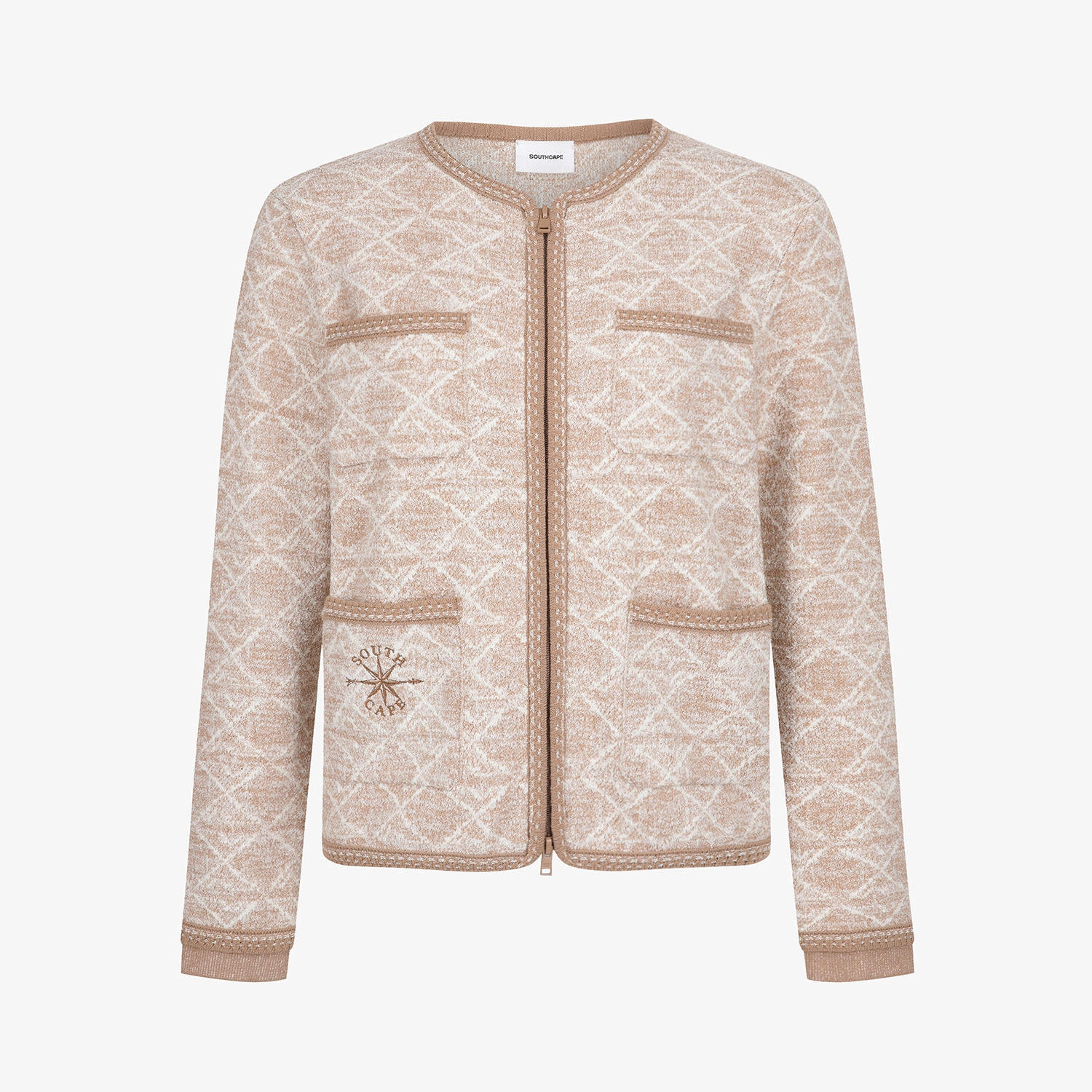 여성 사우스크로스 자카드 트위드 니트 집업 가디건_베이지