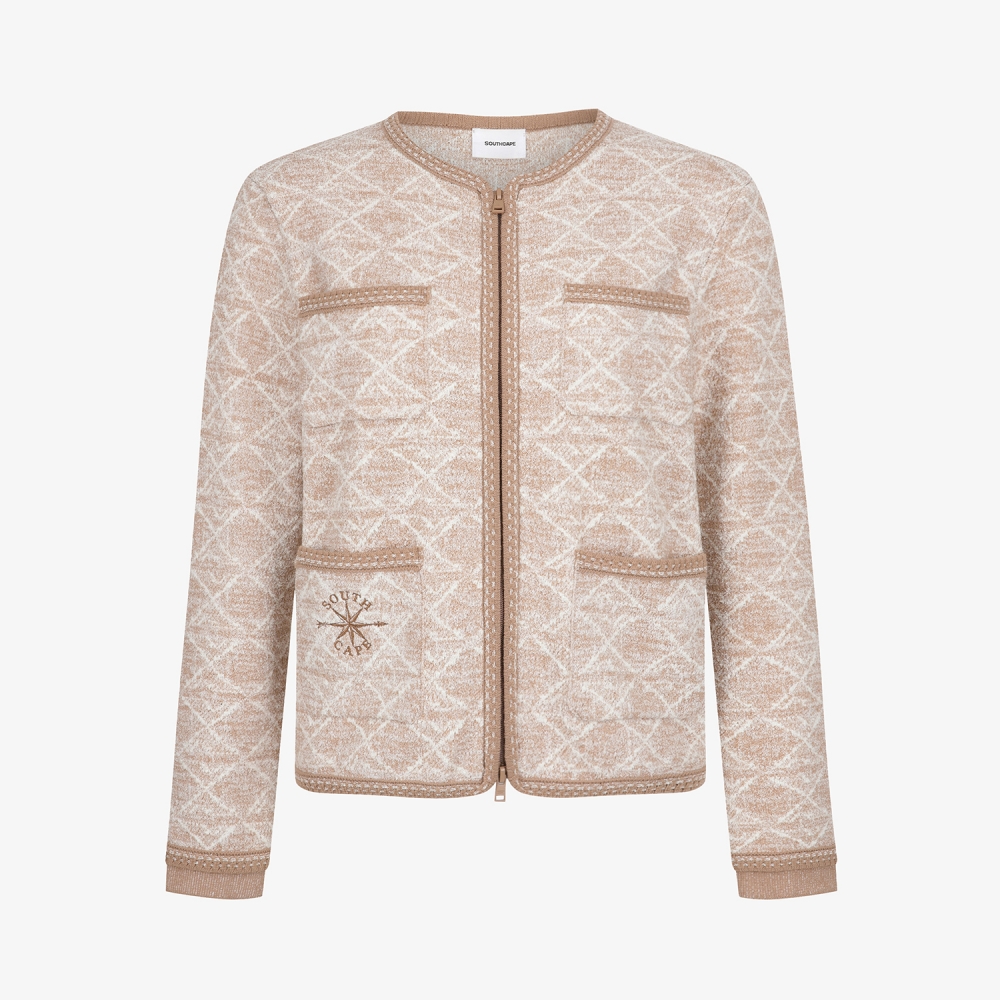 여성 사우스크로스 자카드 트위드 니트 집업 가디건_베이지