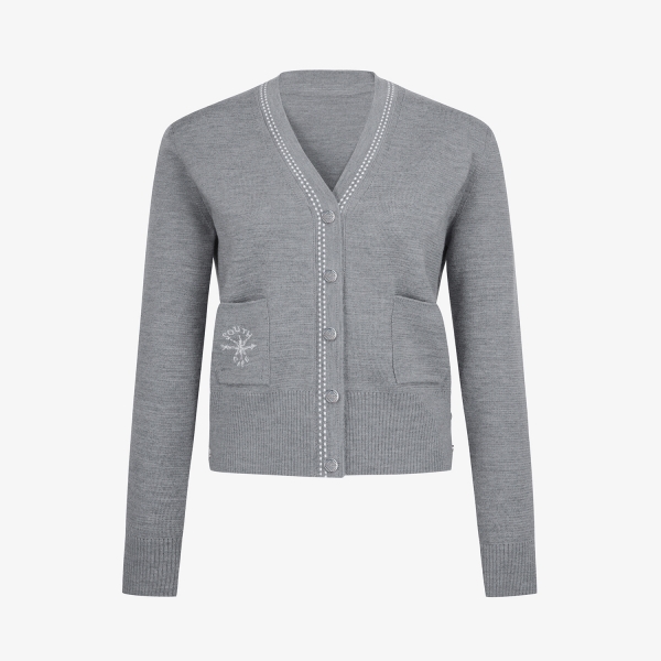 여성 사우스크로스 V넥 배색 스티치 울 니트 가디건_그레이