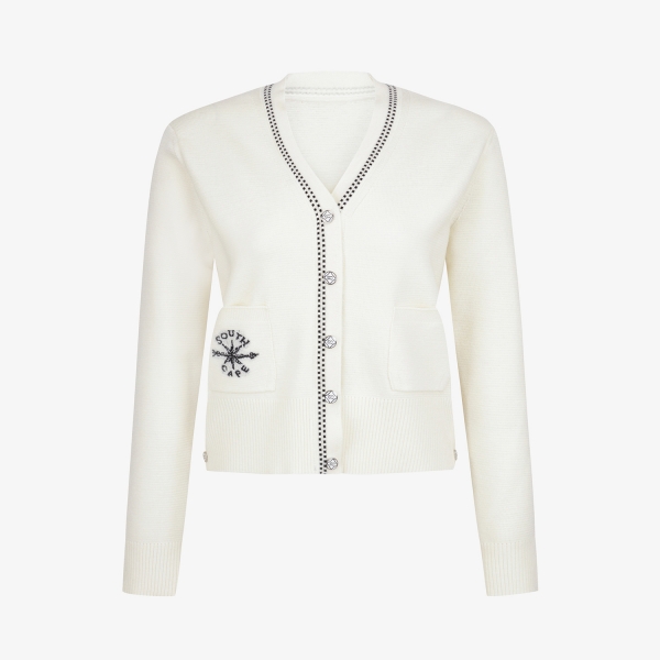 여성 사우스크로스 V넥 배색 스티치 울 니트 가디건_아이보리