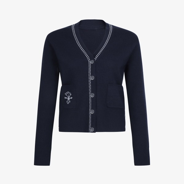 여성 사우스크로스 V넥 배색 스티치 울 니트 가디건_네이비