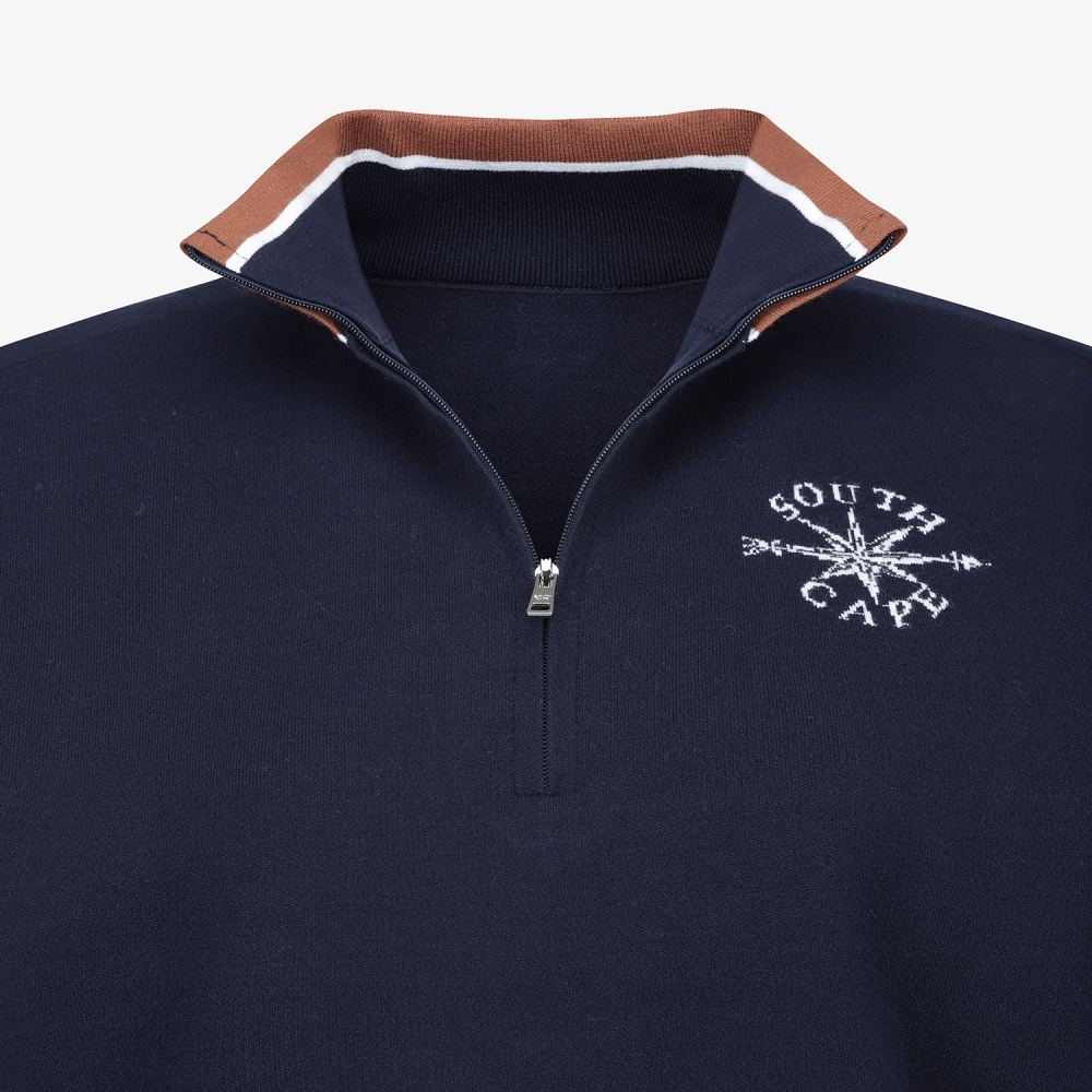 여성 사우스크로스 배색 스트라이프 하프집 니트_네이비