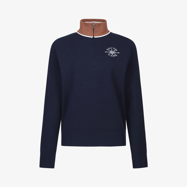 여성 사우스크로스 배색 스트라이프 하프집 니트_네이비