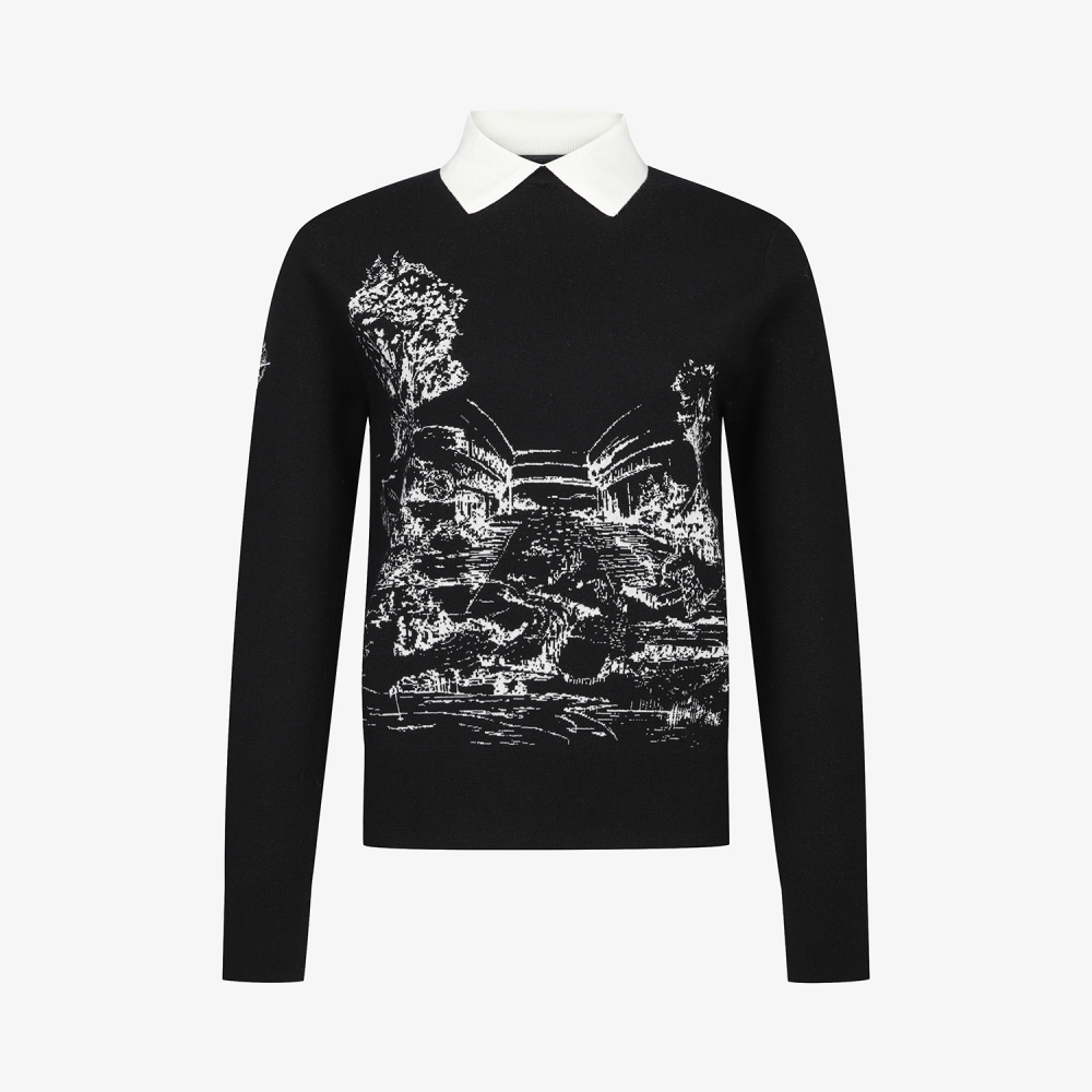 여성 사우스크로스 남해 헤리티지 드로잉 배색 카라 니트_블랙