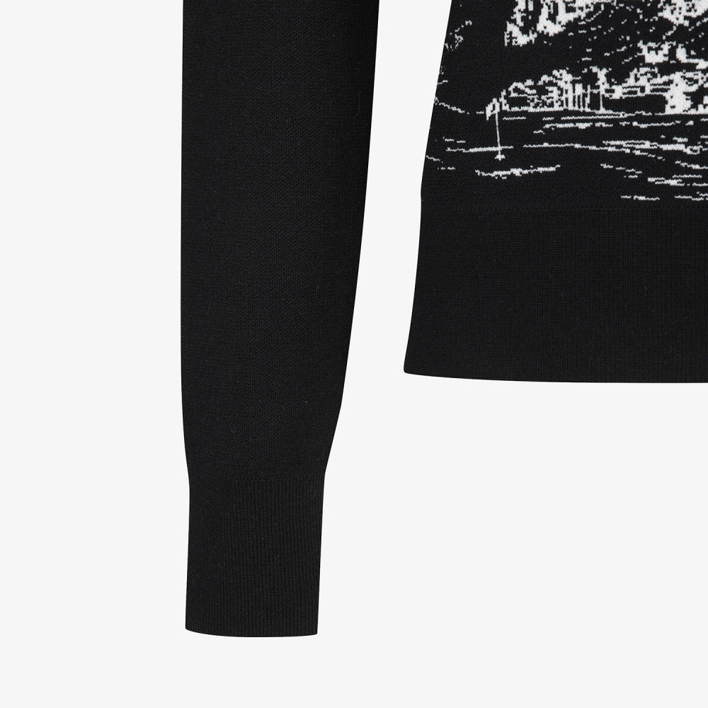 여성 사우스크로스 남해 헤리티지 드로잉 배색 카라 니트_블랙