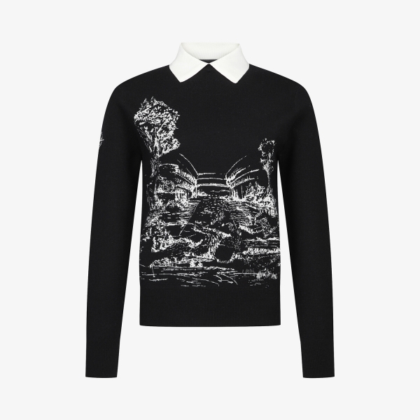 여성 사우스크로스 남해 헤리티지 드로잉 배색 카라 니트_블랙