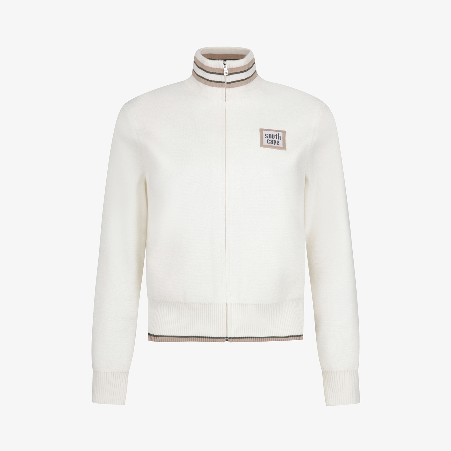 여성 사우스크로스 배색 스트라이프 하이넥 니트 집업 점퍼_아이보리