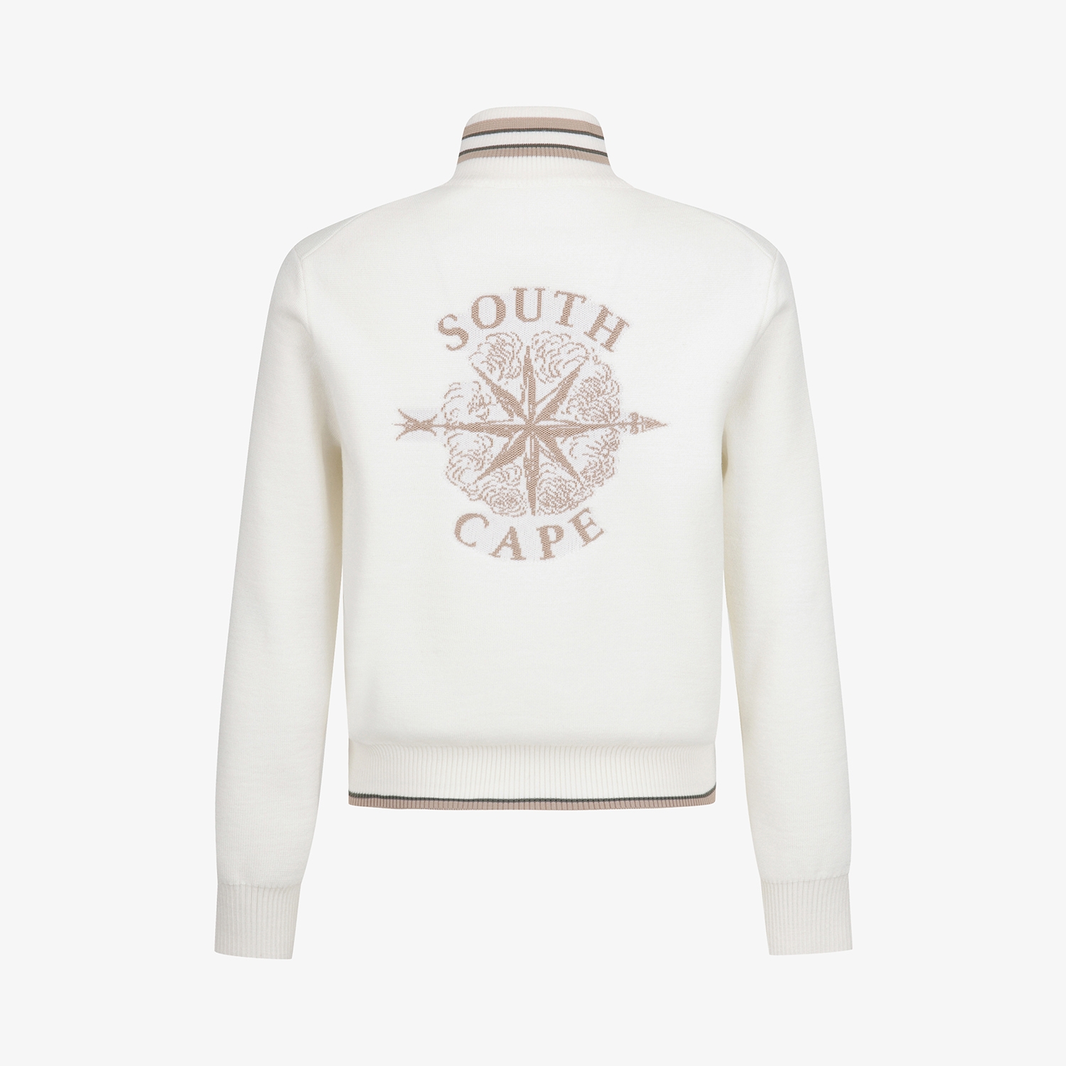 여성 사우스크로스 배색 스트라이프 하이넥 니트 집업 점퍼_아이보리